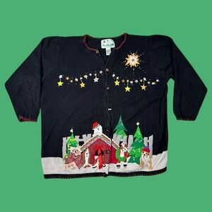 Vintage The Quaker Factory Dog Novelty Embroidered Christmas Cardigan Size 1X